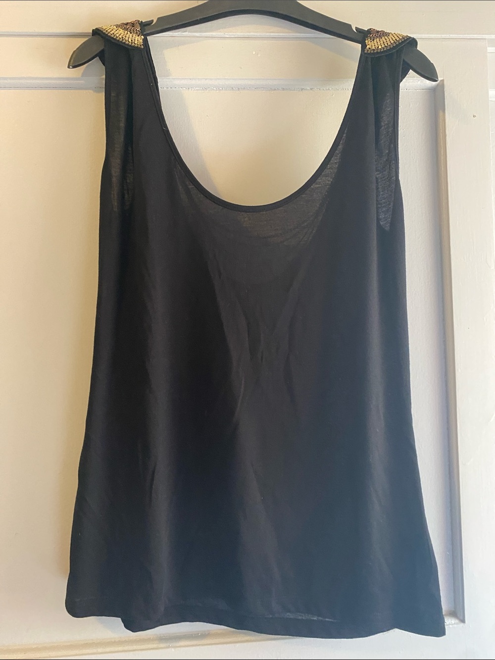 Kardashian Kollection Black Tank with Gold Beaded Shoulder Detail